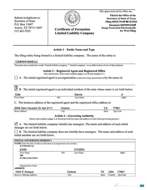 USA certificate of formation limited liability company Word and PDF template